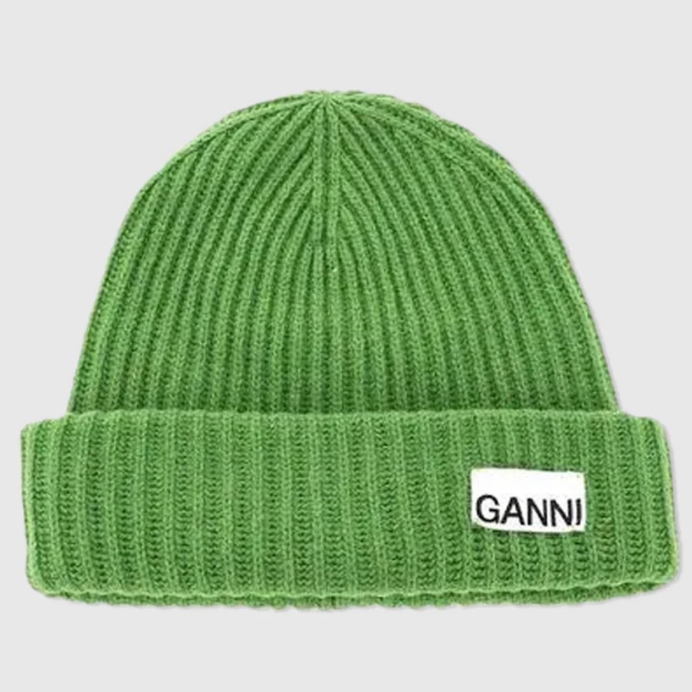 Ganni Green Recycled Rib Knit Beanie